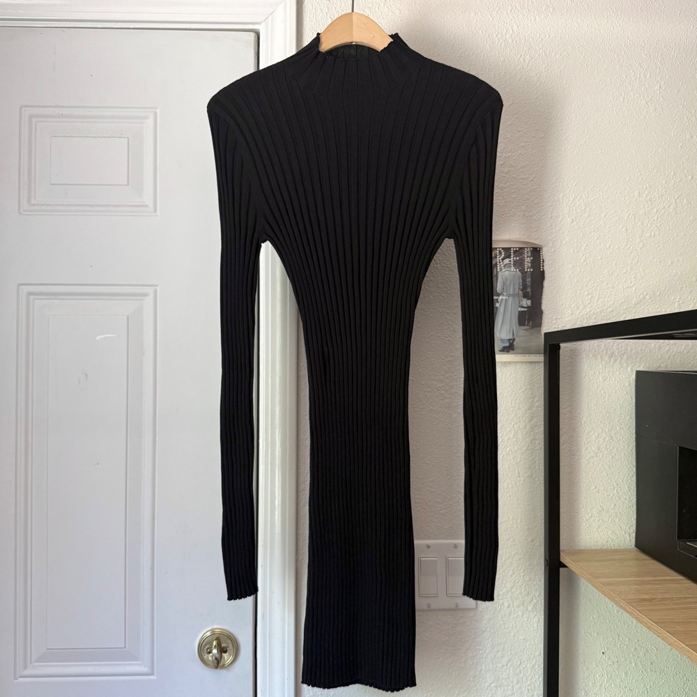 RTA black silk cotton mock rib ribbed knit bodycon long sleeve mini dress